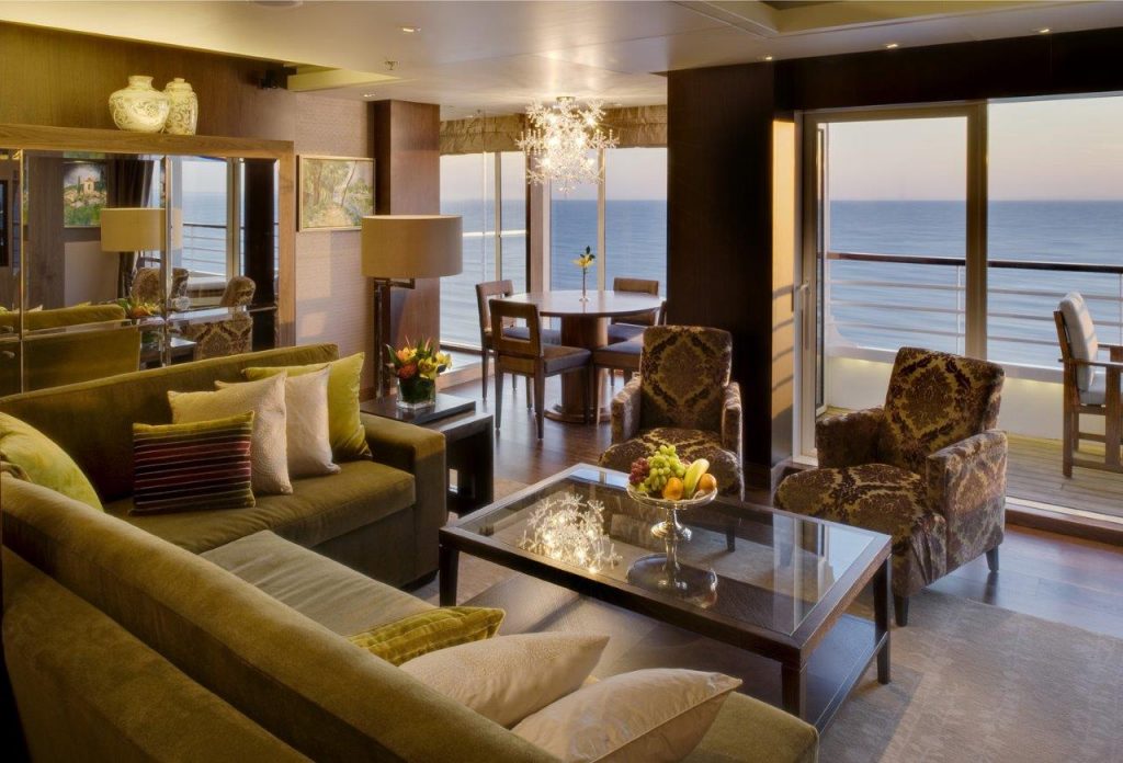 Crystal Cruise ship suite lounge interior picture.