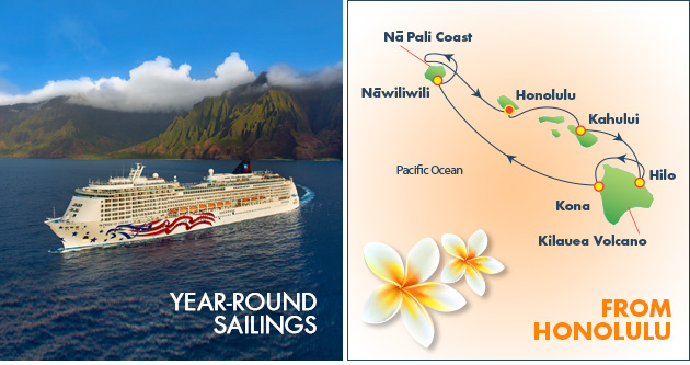 Hawaii golf cruise itinerary map and picture of Pride of America cruise ship.