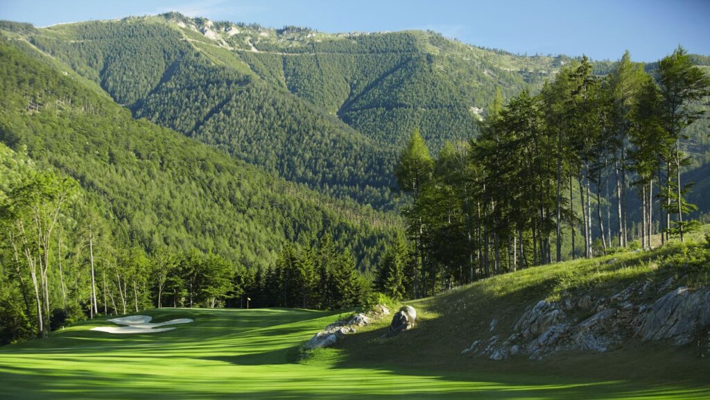 Golf Ahoy Danube River Golf Cruise Adamstal golf course Austria green fairway soaring mountain backdrop 