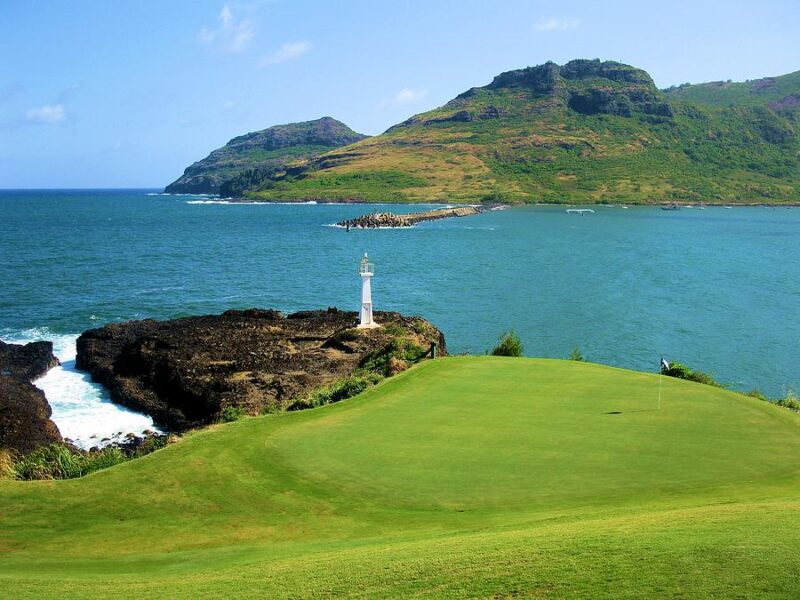 View of signature hole at Hokuala golf course in Hawaii.