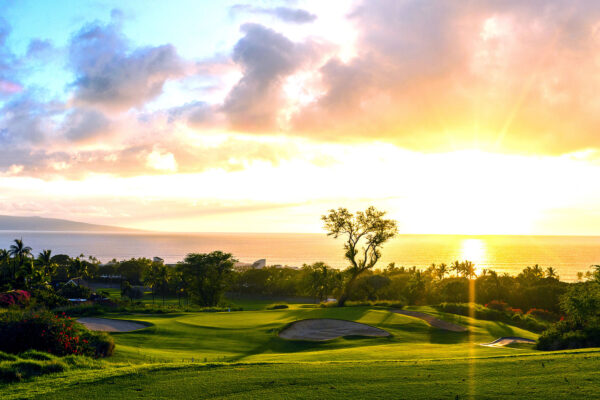 Sunset view of Wailea golf course fairway.