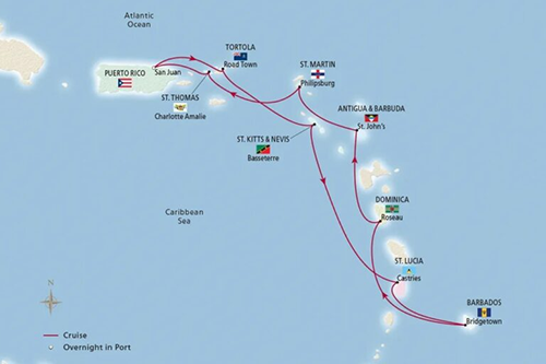 mapimagecruise Caribbean cruise map with a red route showing port calls (San Juan, St. Thomas, Tortola, St. Martin, Antigua, St. Kitts & Nevis, Dominica, St. Lucia, Barbados) and overnight in port markers.