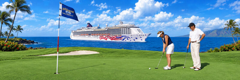 Photo of golfing couple on golf course in Hawaii with Pride of America cruise ship in the background.